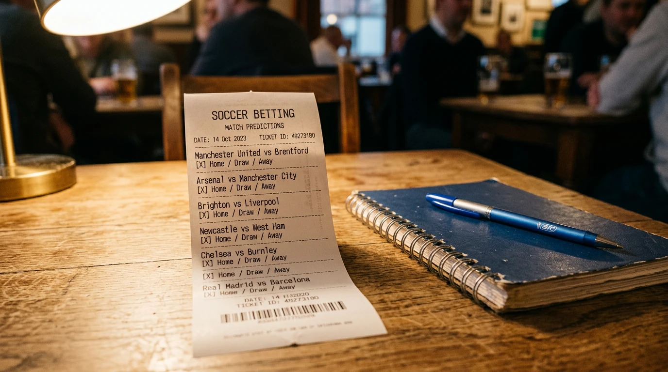 Boleto impreso de apuesta combinada sobre una mesa junto a un partido de la J League retransmitido en televisión