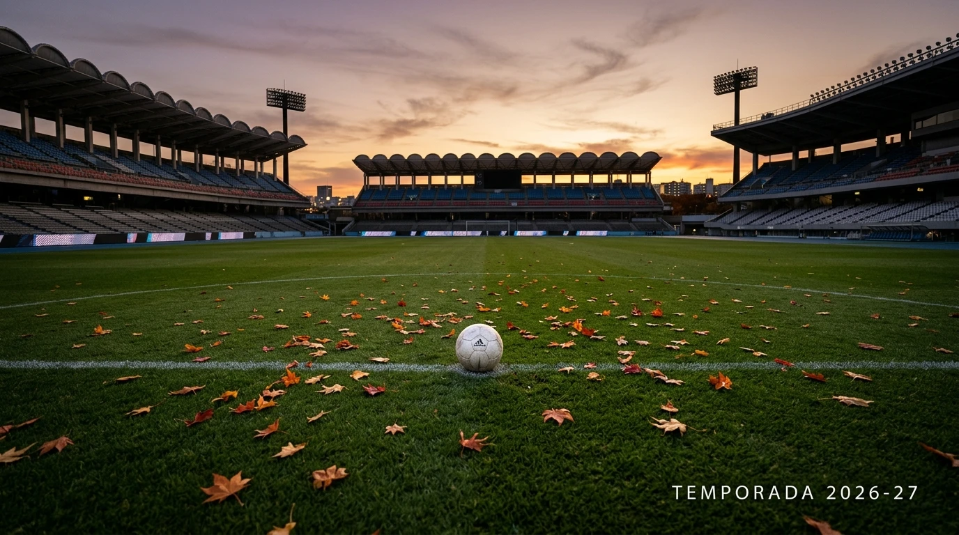 Estadio de la J1 League al atardecer con hojas de otoño sobre el césped en la temporada 2026-27