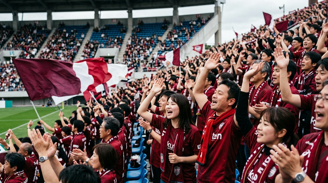 Aficionados japoneses con bufandas animan a su club en una grada llena durante un partido de la J1 League