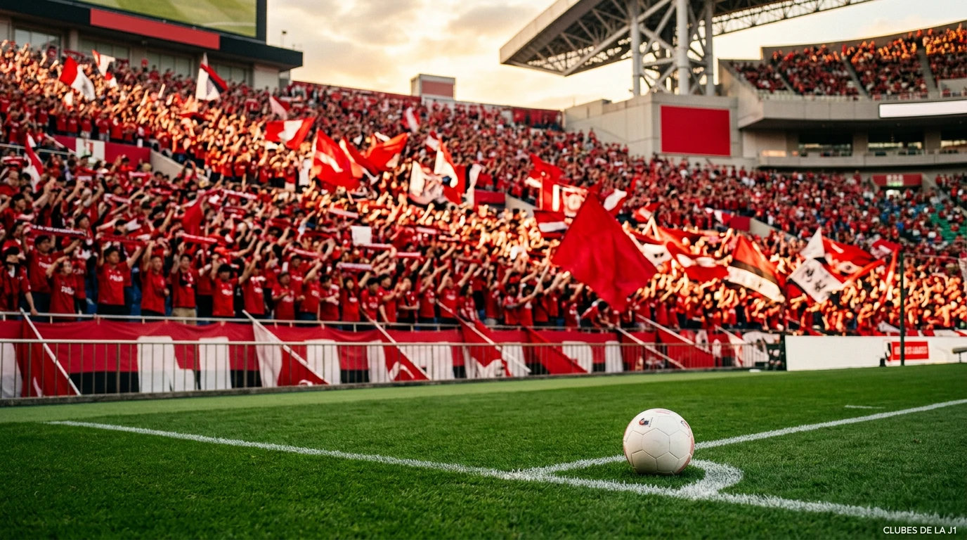 Estadio lleno de la J1 League con aficionados de Urawa Reds ondeando banderas rojas en la grada