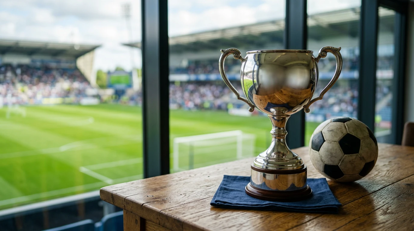 Trofeo de fútbol plateado sobre una mesa con el campo de un estadio japonés al fondo