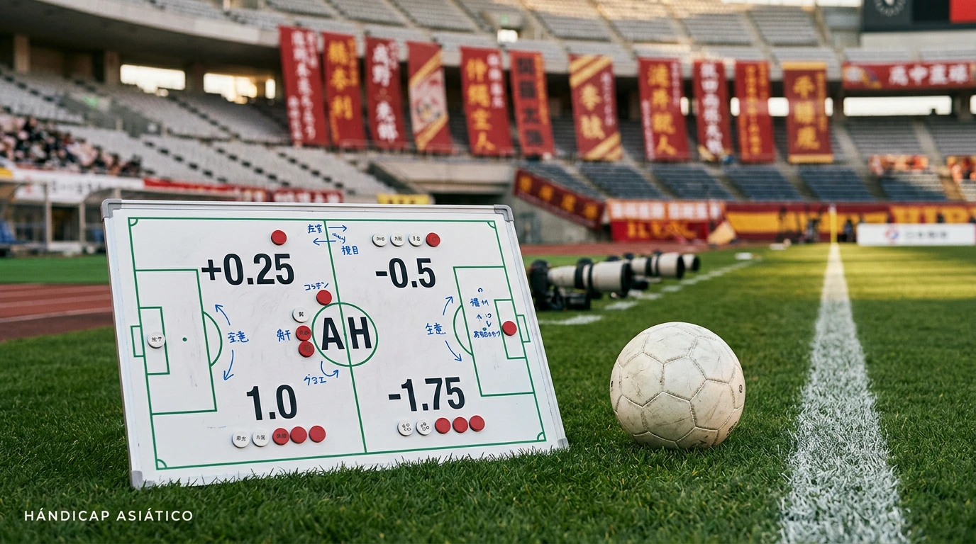 Pizarra táctica con líneas de hándicap asiático y balón de fútbol sobre césped de estadio de la J1 League