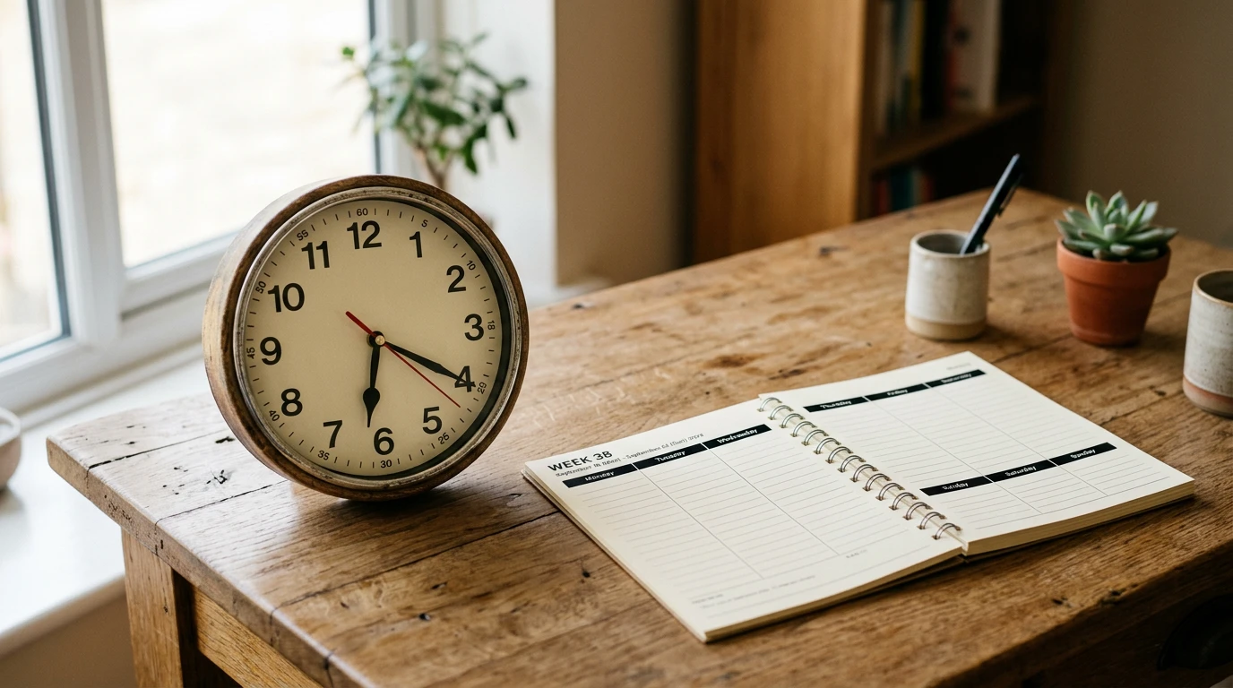 Reloj analógico sobre una mesa junto a un calendario semanal de partidos con anotaciones en español