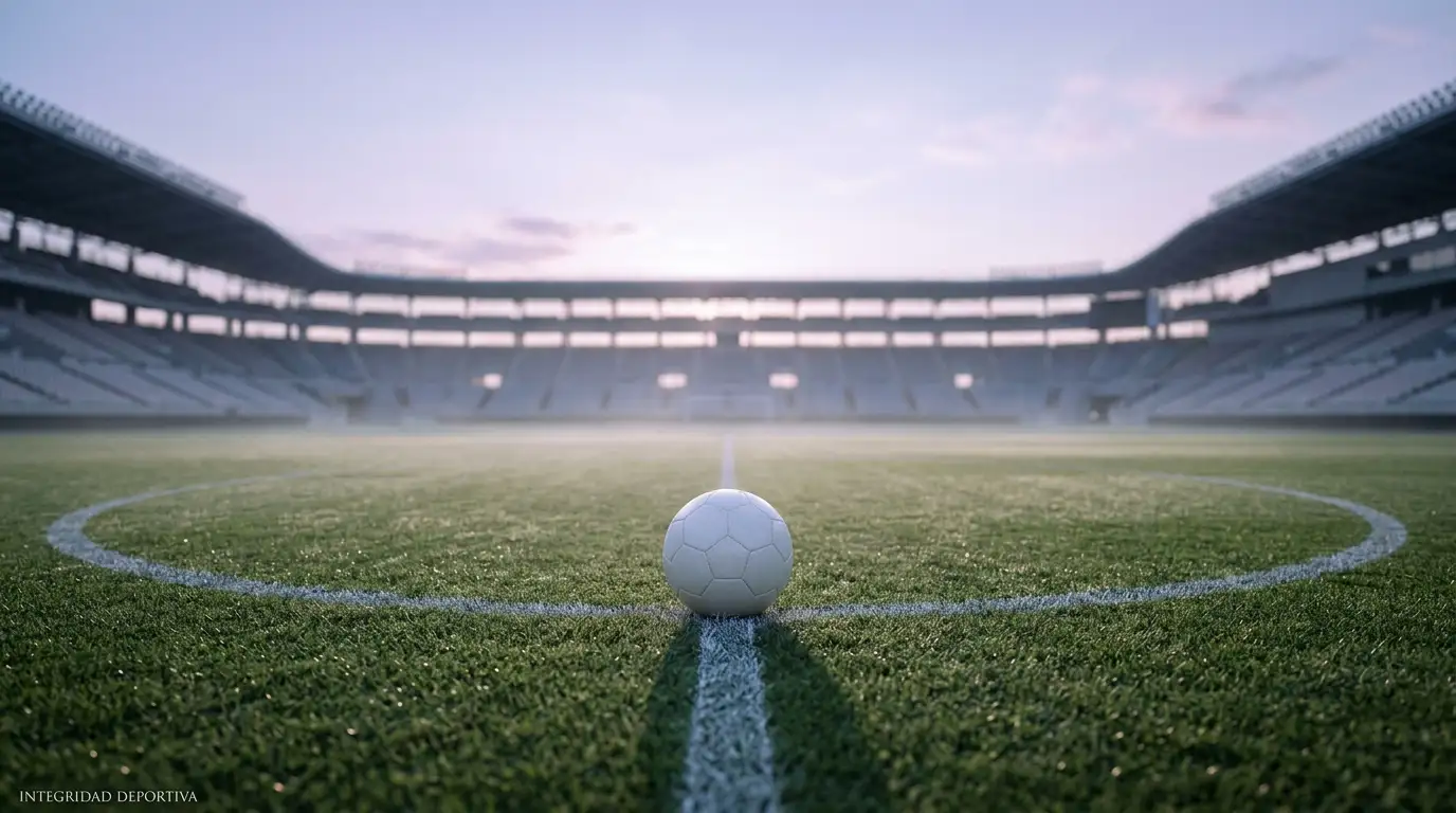 Balón de fútbol reglamentario sobre el círculo central del campo en un estadio vacío de la J1 League al amanecer