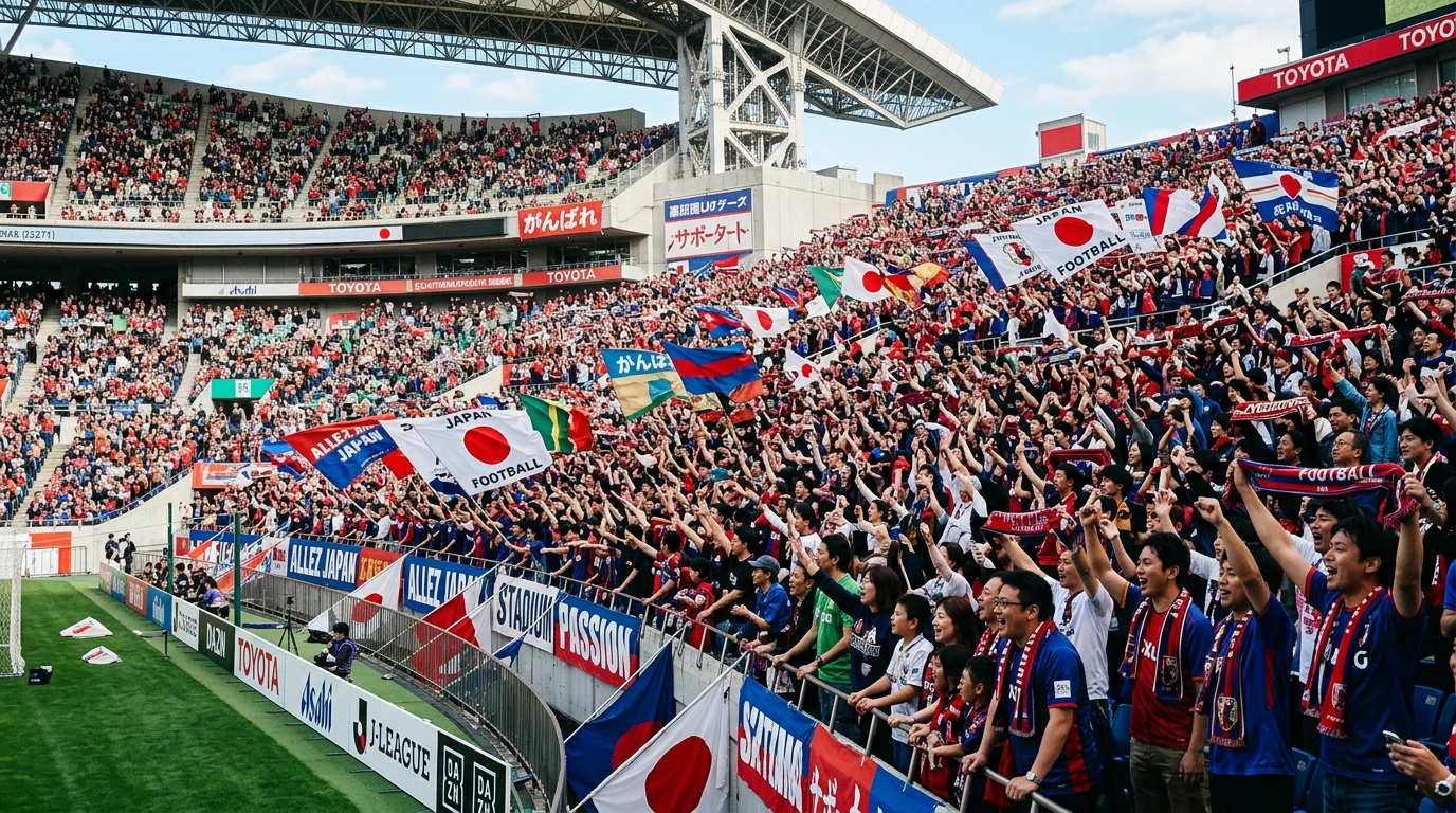Gradas llenas de aficionados animando durante un partido diurno de la J League en un gran estadio japonés
