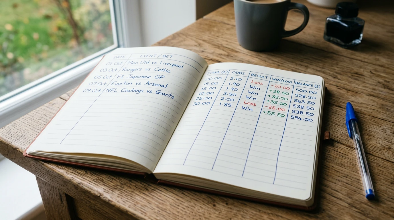 Cuaderno de registro de apuestas con columnas de stake y balance junto a un teléfono con una app de apuestas deportivas