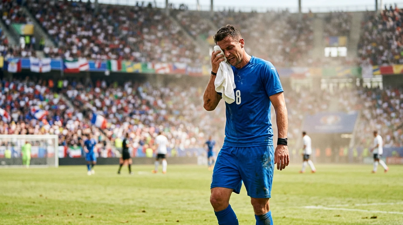 Jugador de fútbol secándose el sudor con una toalla durante una pausa de hidratación en un partido diurno de verano