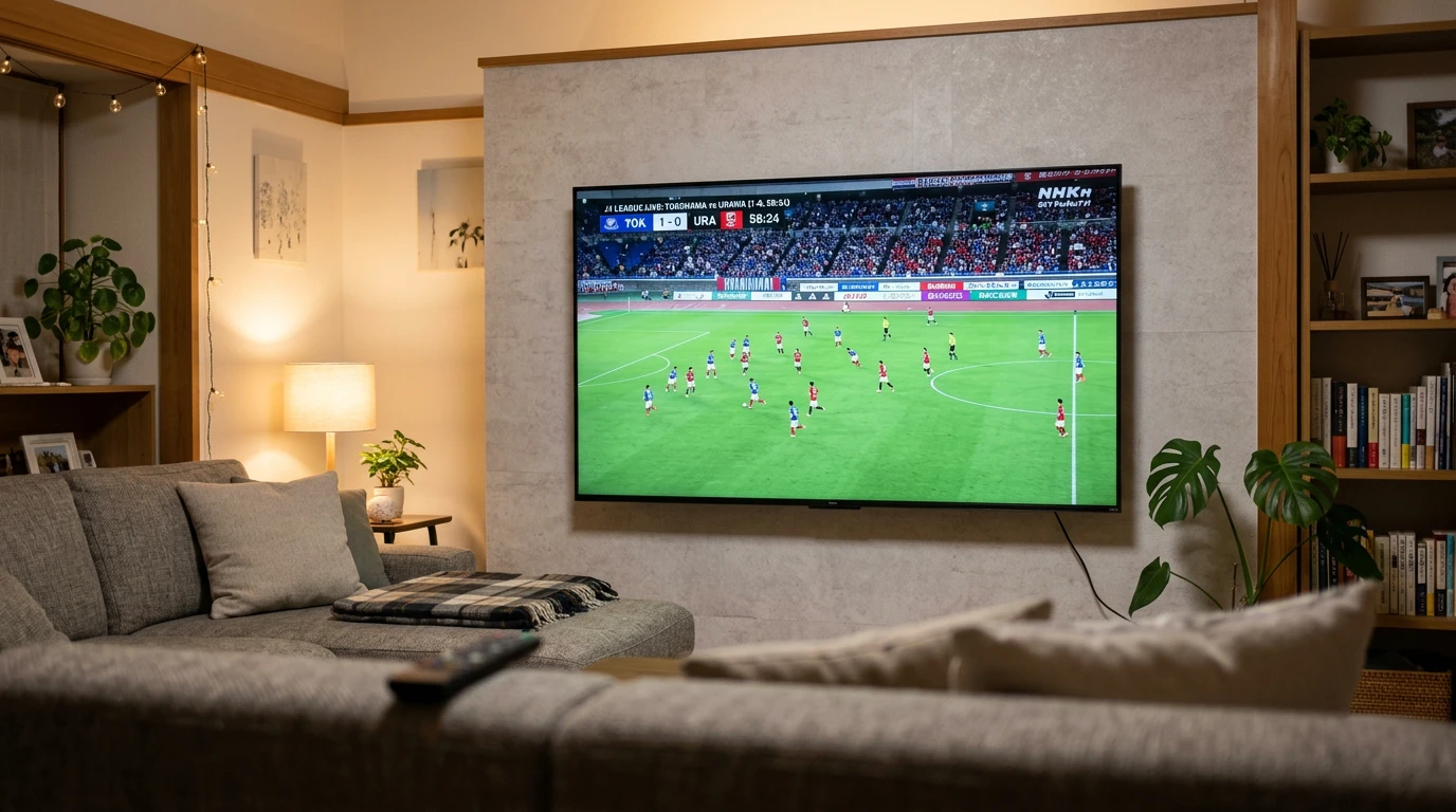 Partido de fútbol de la J League retransmitido en una pantalla mientras el marcador cambia en directo