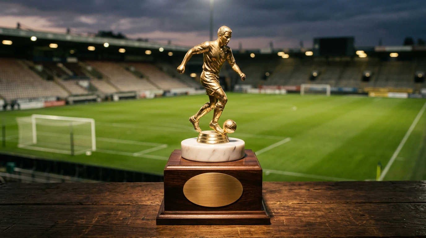 Trofeo individual de fútbol sobre un pedestal con el campo de un estadio japonés iluminado al fondo