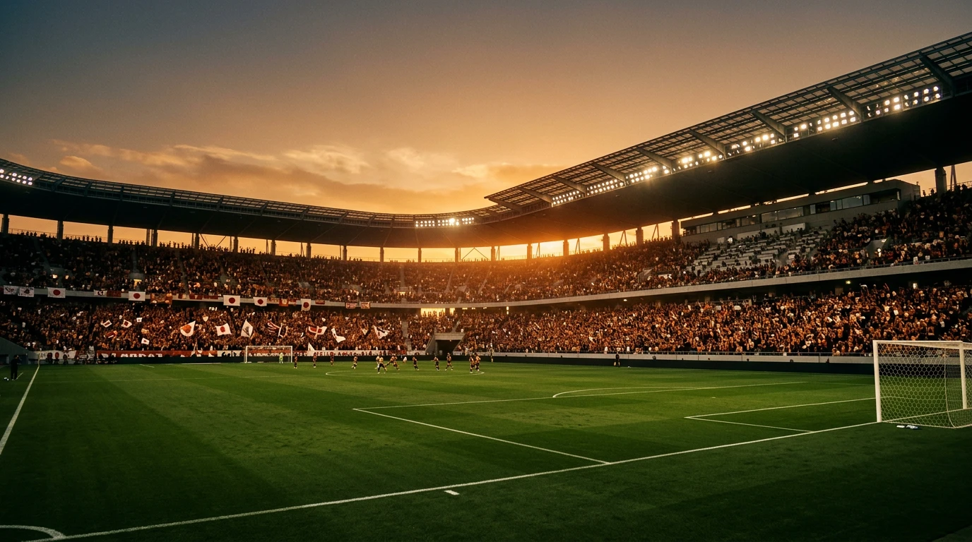 Estadio japonés de la J League al atardecer con gradas llenas durante una jornada de fútbol