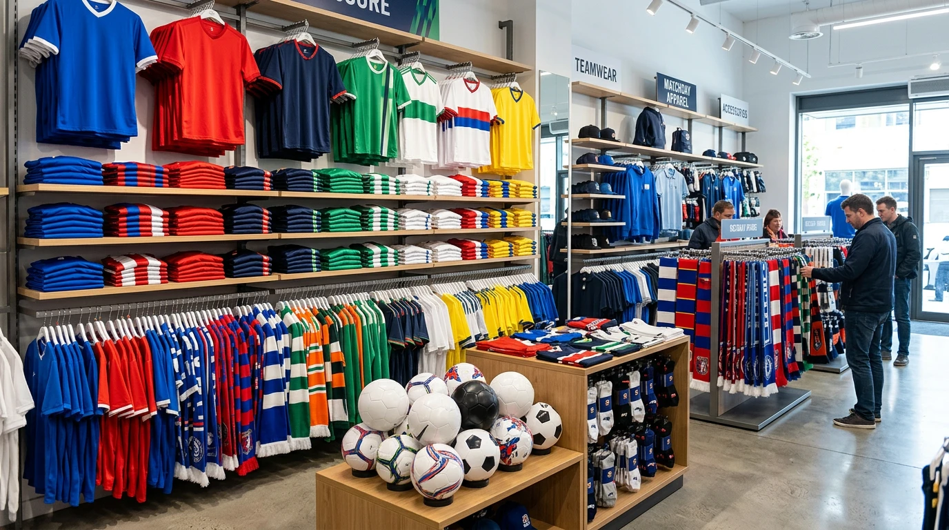 Tienda oficial de un club de la J League con bufandas camisetas y mercancía expuesta para los aficionados