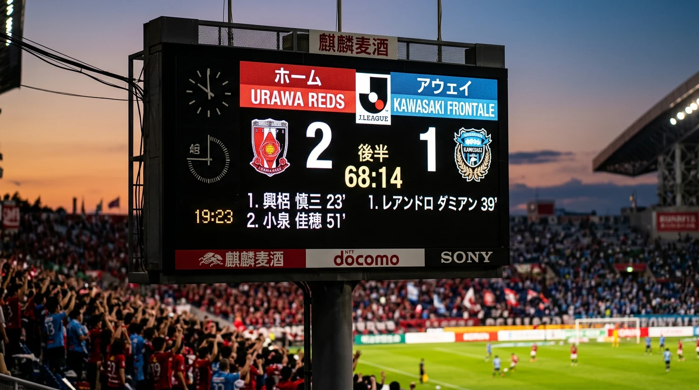 Marcador electrónico de un estadio de fútbol japonés mostrando el tanteo de un partido de la J League al atardecer