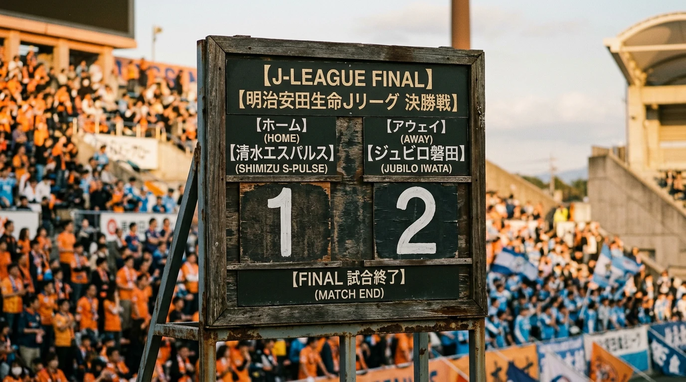 Tablero de marcador manual con números en un estadio de fútbol japonés durante un partido de la J League