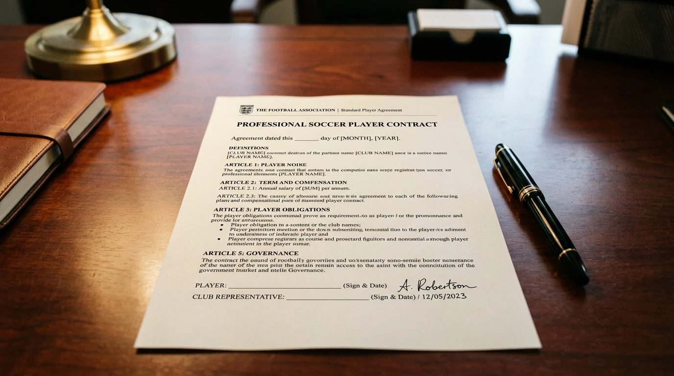 Contrato profesional de fútbol sobre una mesa de despacho junto a una pluma y un cuaderno de notas