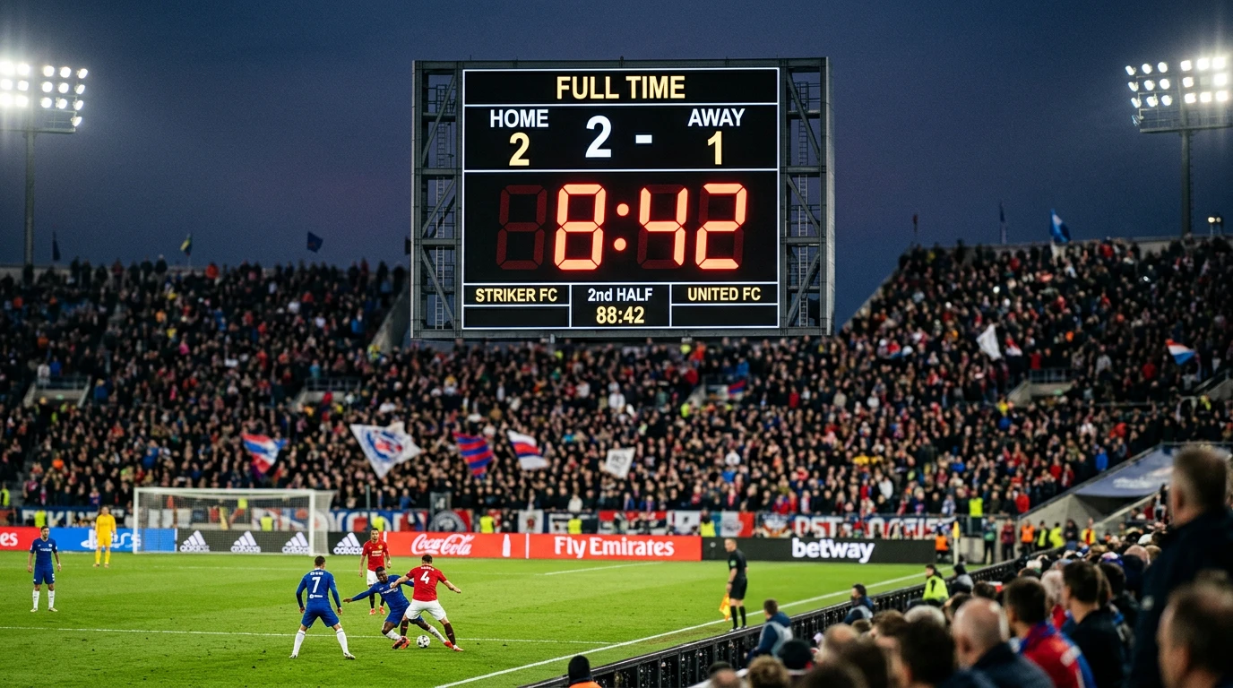 Reloj del estadio marcando los minutos finales de un partido nocturno de la J League con el marcador visible