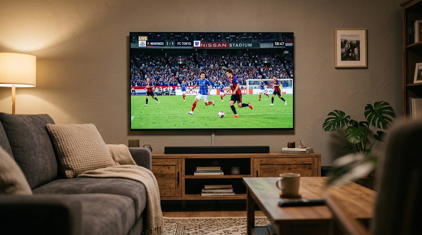 Televisor moderno en un salón mostrando un partido de la J League retransmitido en directo