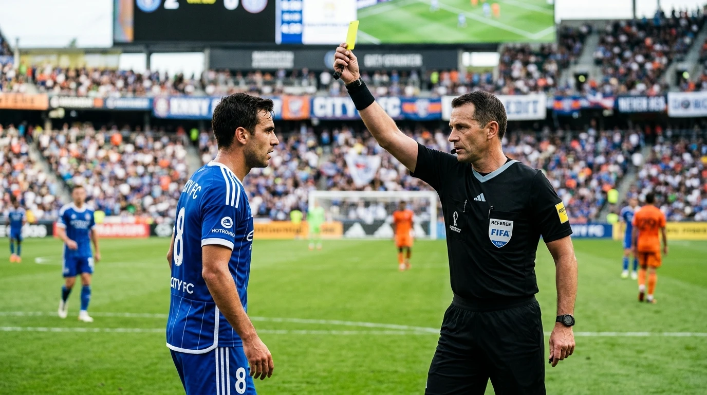 Árbitro mostrando una tarjeta amarilla a un jugador en un partido de fútbol de la J League