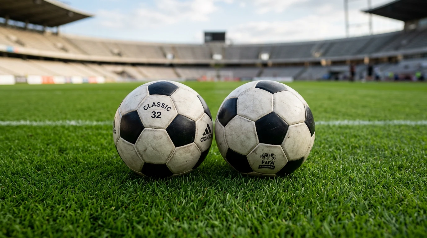 Dos balones de fútbol clásicos colocados sobre el césped uno al lado del otro representando dos ligas diferentes