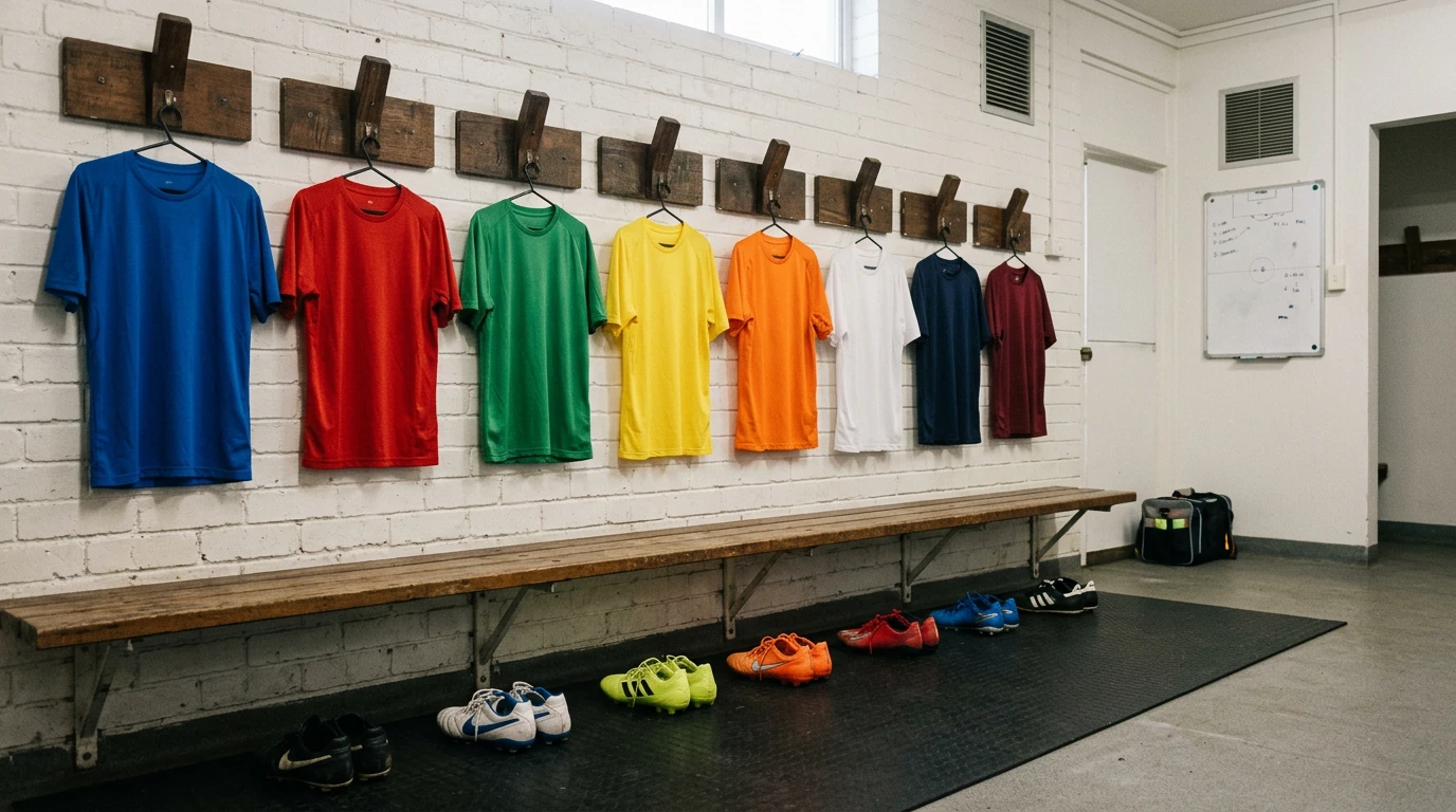 Vestuario de fútbol con camisetas colgadas de clubes japoneses y europeos representando trayectorias de jugadores