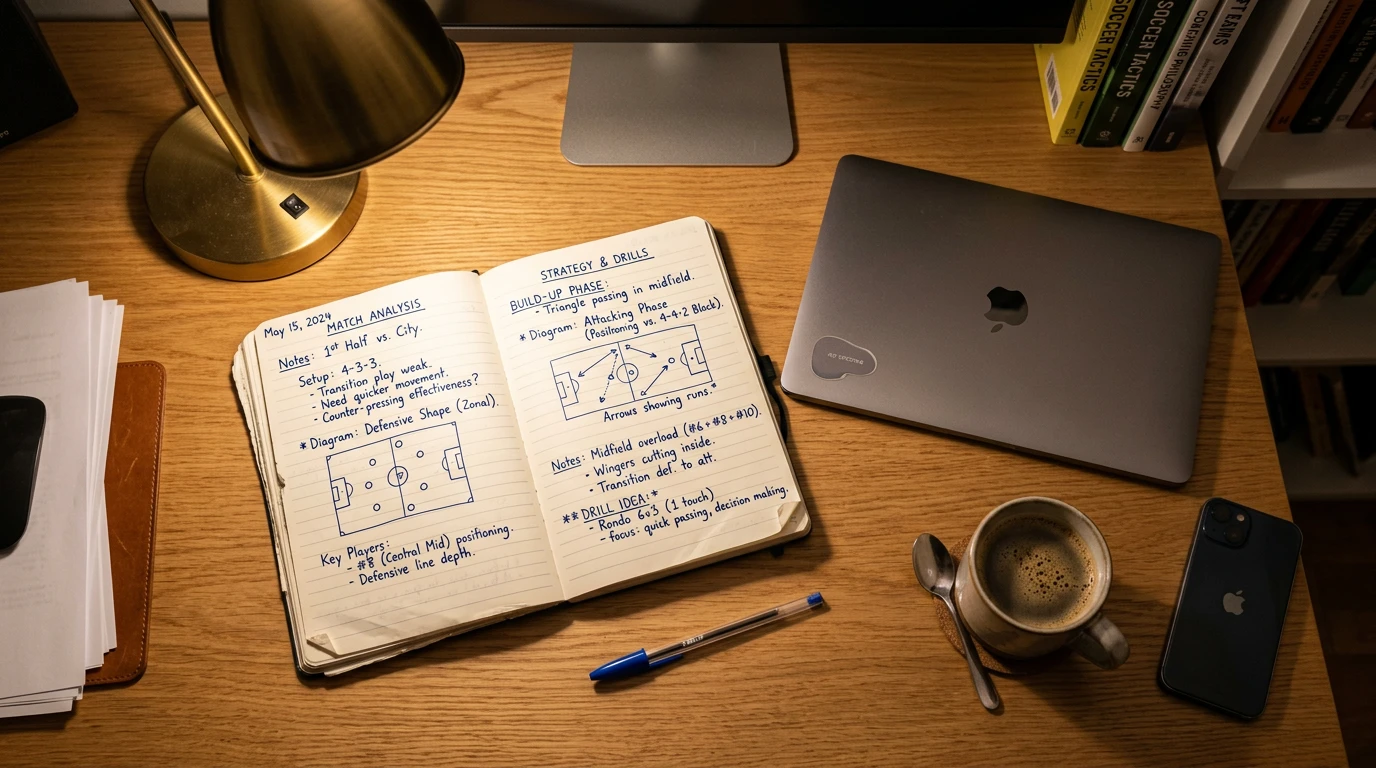 Escritorio con cuaderno de notas de pronósticos de fútbol abierto junto a un ordenador portátil mostrando estadísticas