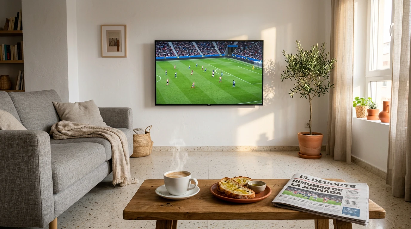 Televisor en un salón español retransmite un partido de la J League en horario de mañana